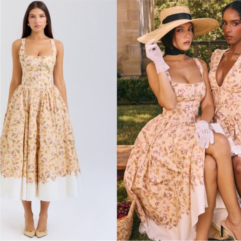 House of CB 'Alba' Honeyflower Priint Gathered Cotton Midi Dress NWOT size S - Picture 16 of 17
